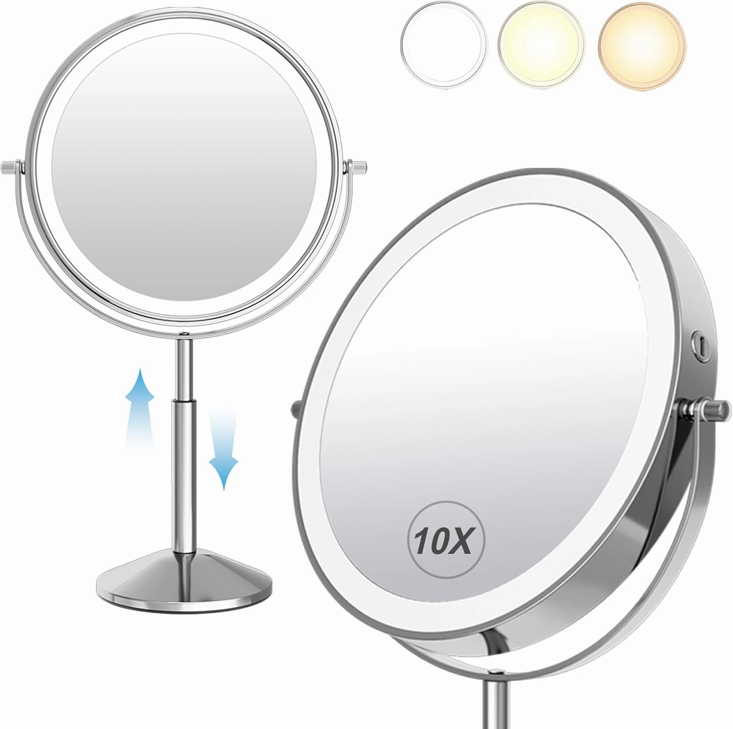 9" Large Lighted Makeup Vanity with 10X Magnification, Rechargeable Magnifying Makeup Vanity with Lights, 360° Rotating Height Adjustable with 3 Color LED
