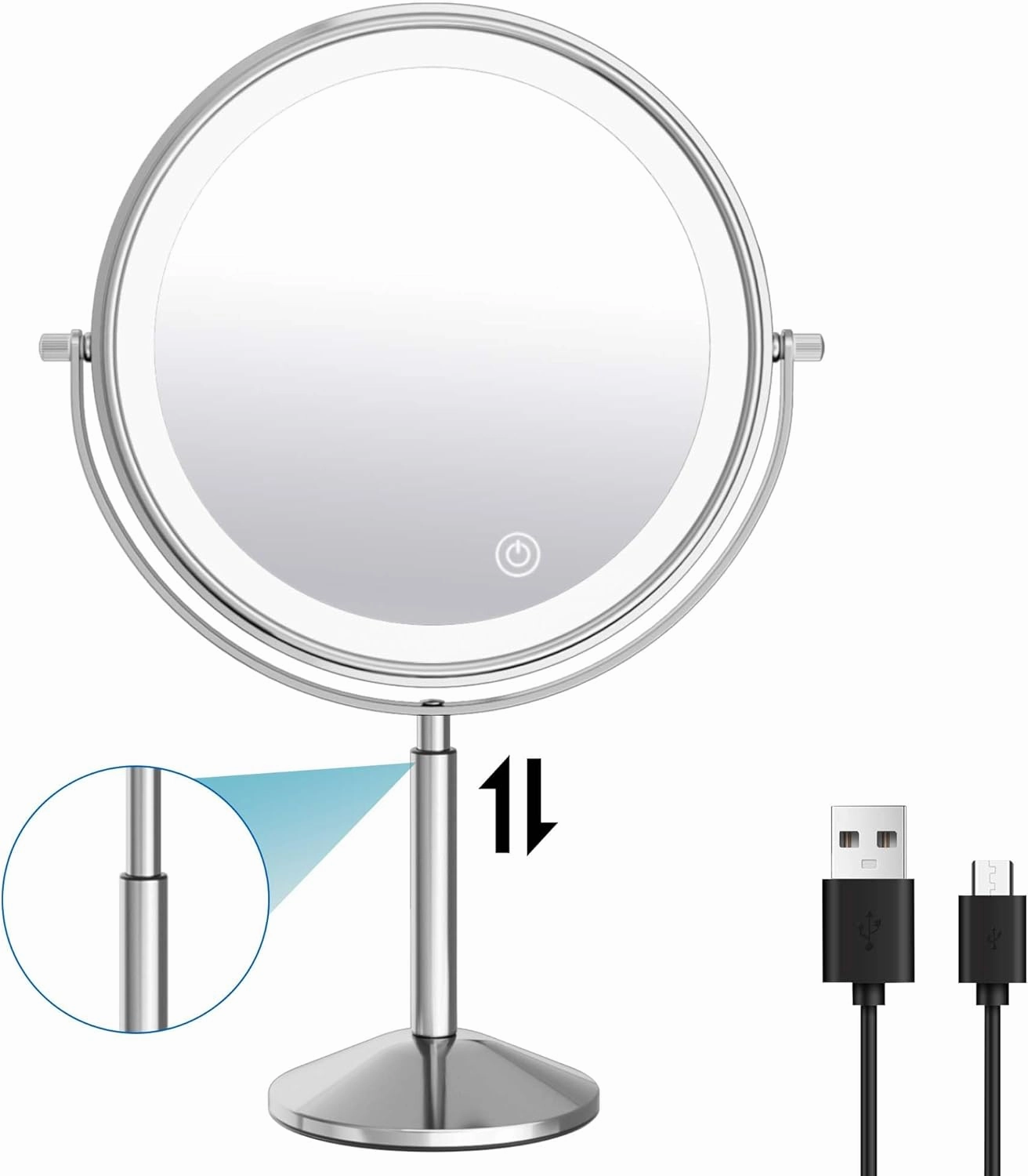 9" Large Lighted Makeup Vanity with 10X Magnification, Rechargeable Magnifying Makeup Vanity with Lights, 360° Rotating Height Adjustable with 3 Color LED
