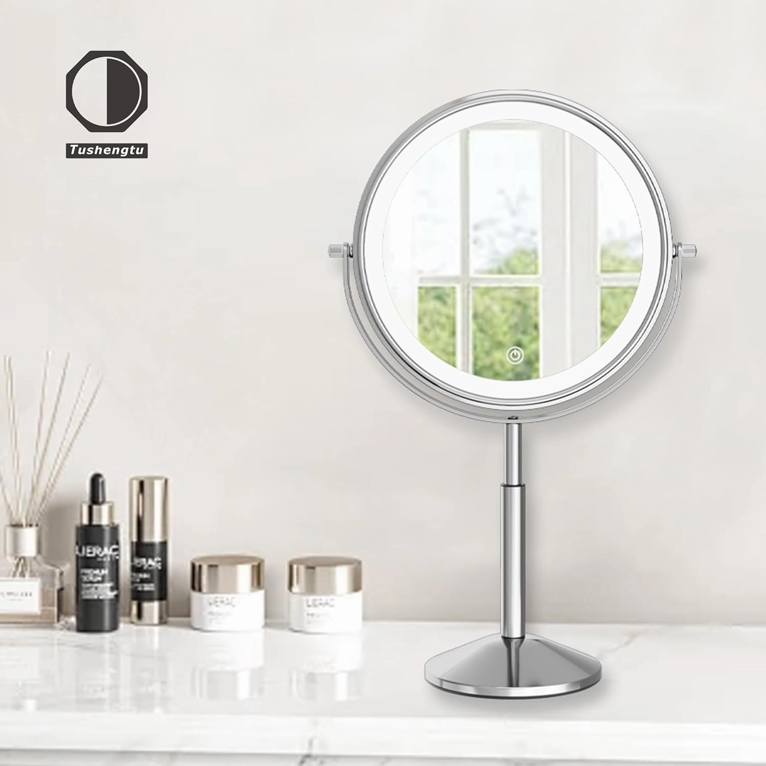 9" Large Lighted Makeup Vanity with 10X Magnification, Rechargeable Magnifying Makeup Vanity with Lights, 360° Rotating Height Adjustable with 3 Color LED