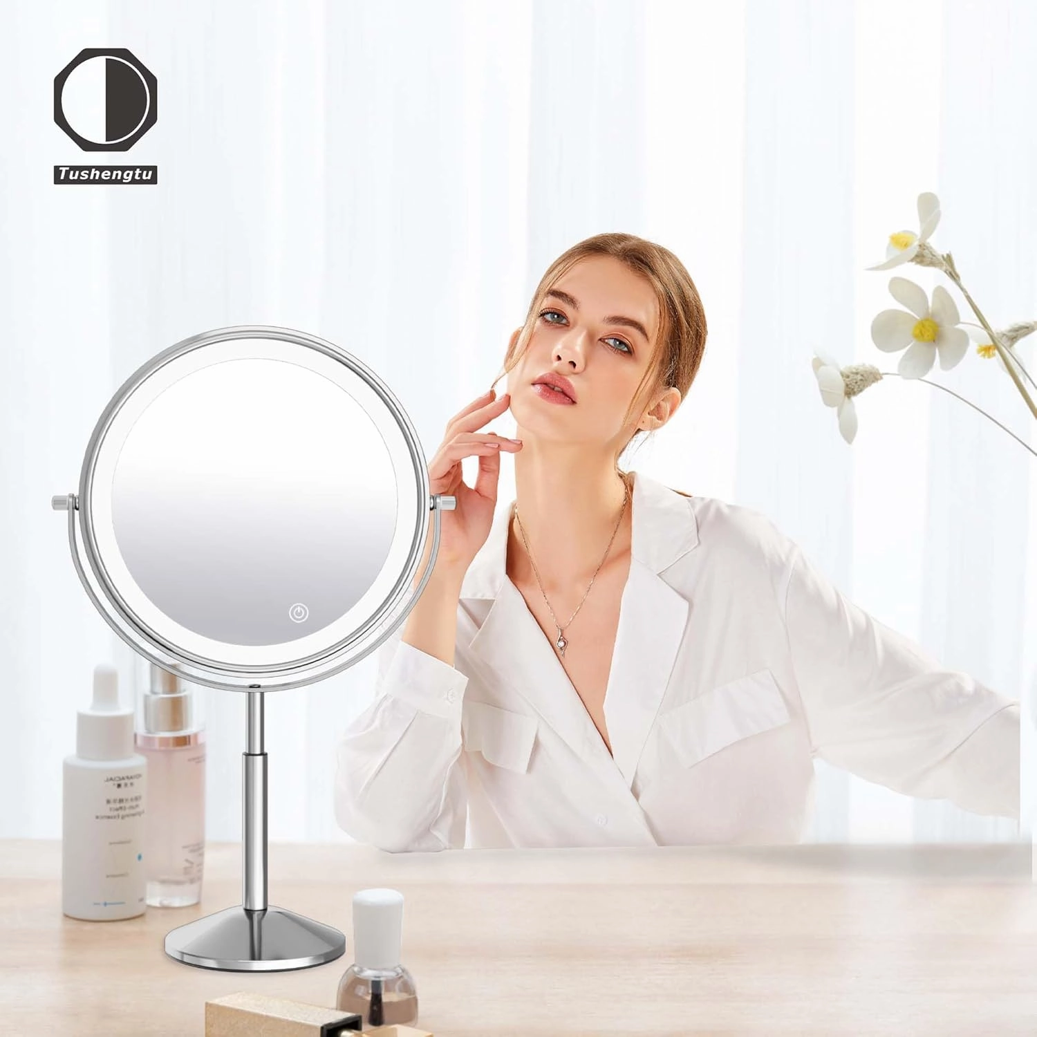 9" Large Lighted Makeup Vanity with 10X Magnification, Rechargeable Magnifying Makeup Vanity with Lights, 360° Rotating Height Adjustable with 3 Color LED