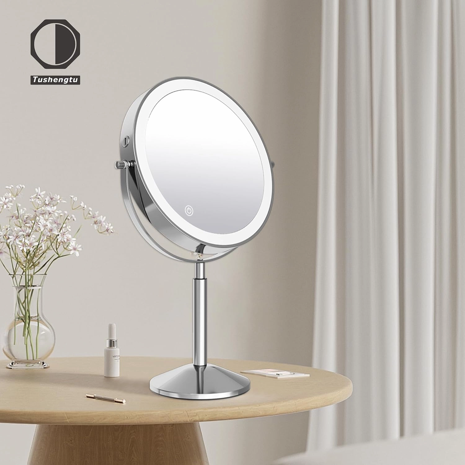 9" Large Lighted Makeup Vanity with 10X Magnification, Rechargeable Magnifying Makeup Vanity with Lights, 360° Rotating Height Adjustable with 3 Color LED
