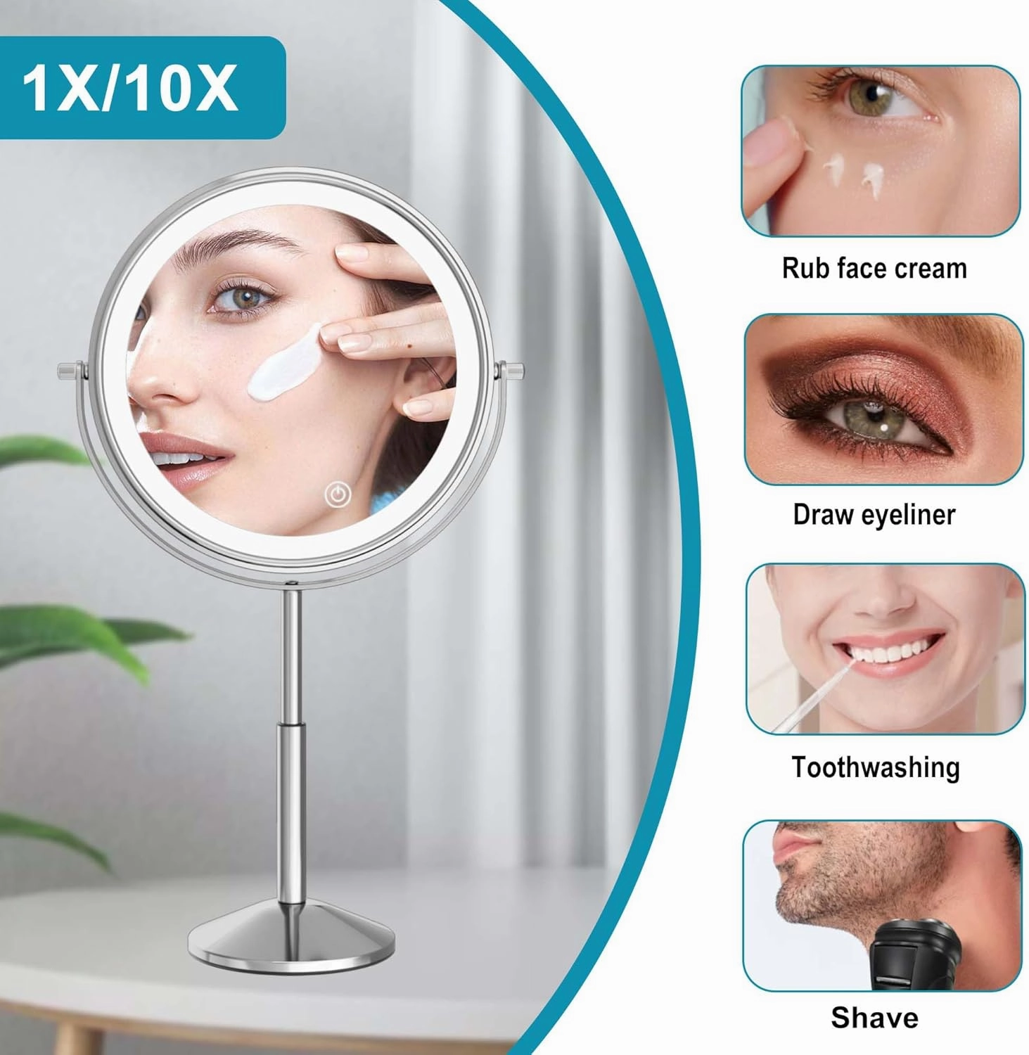 9" Large Lighted Makeup Vanity with 10X Magnification, Rechargeable Magnifying Makeup Vanity with Lights, 360° Rotating Height Adjustable with 3 Color LED