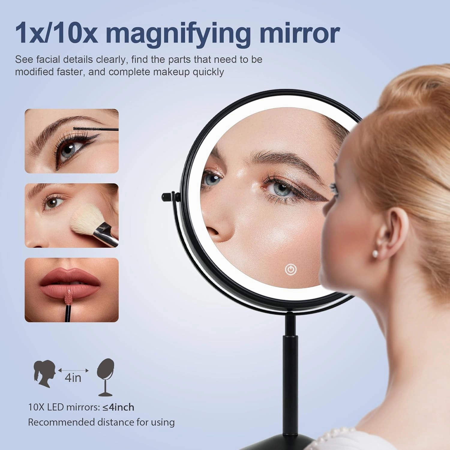 9" Makeup Mirror with Lights and 10x Magnification LED 3000mAh Rechargeable, 360° Rotating Adjustment,Black Vanity Swivel Mirror 3 Colors (940B10X)