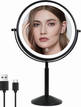 9" Makeup Mirror with Lights and 10x Magnification LED 3000mAh Rechargeable, 360° Rotating Adjustment,Black Vanity Swivel Mirror 3 Colors (940B10X)