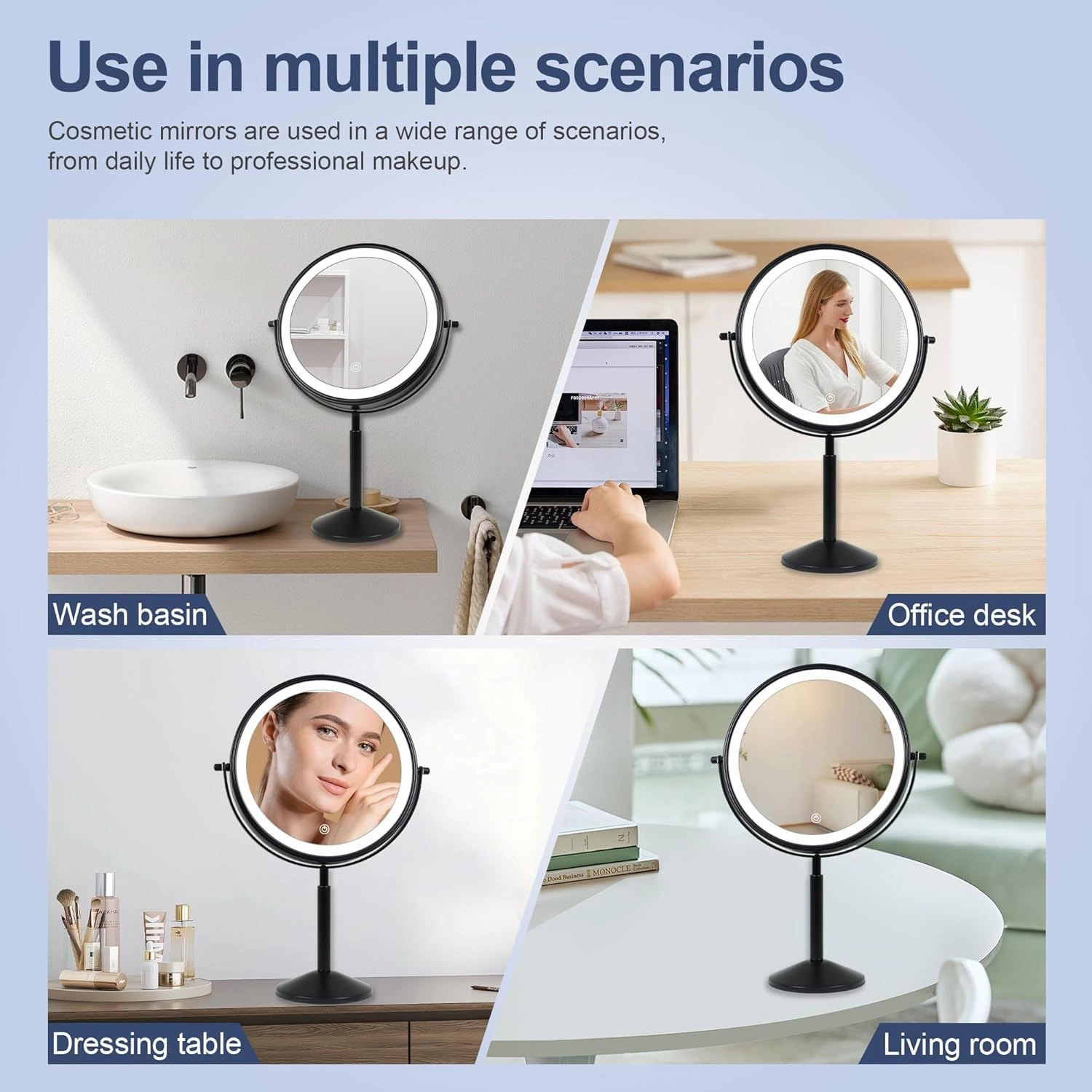 9" Makeup Mirror with Lights and 10x Magnification LED 3000mAh Rechargeable, 360° Rotating Adjustment,Black Vanity Swivel Mirror 3 Colors (940B10X)