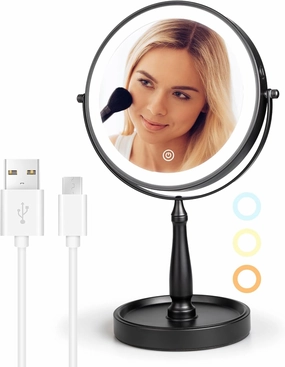 9" Makeup Mirror with Lights, Rechargeable 1x/10x Magnifying Mirror with 3 Colors, 360° Rotation Double Sided Rechargeable Desk Cosmetic Mirror, Touch Dimming LED Lighted Makeup Mirror Black