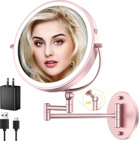 9" Wall Mounted Lighted Makeup Mirror,4000mAh Rechargeable Double Sided 1X/10X Magnifying Mirror with Light,Touch Dimmable,Extended Arm 360 Rotation Wall Mounted Makeup Mirror 3 Color Lights Gold