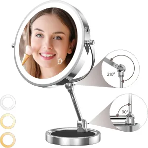9" Makeup Mirror with Lights and Magnification,4000 mAh Rechargeable Lighted Makeup Mirror,10X Magnifying Mirror with Light and Touch Switch, 360° Rotation Vanity Mirror with 3 Color Light