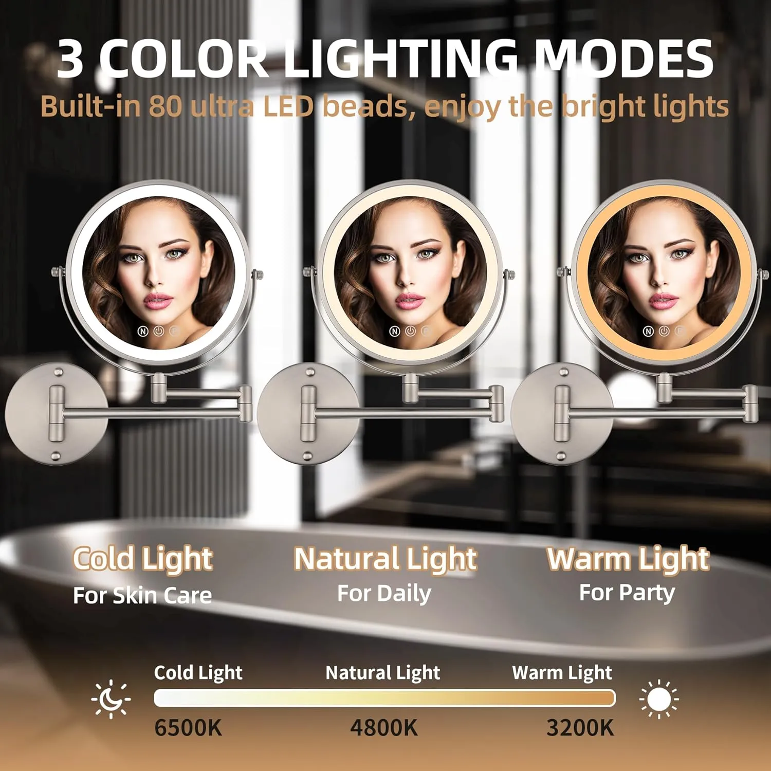 9" Wall Mounted Lighted Makeup Mirror with Magnification, 1X/10X Magnifying Mirror with Light, 3 Color LED Dimmable 2000mAh Rechargeable Light Up Magnifying Mirror Nickel Extendable