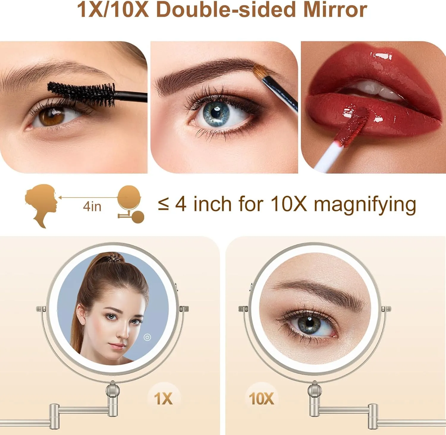 9" Wall Mounted Lighted Makeup Mirror,4000mAh Rechargeable Double Sided 1X/10X Magnifying Mirror with Light,Touch Dimmable,Extended Arm 360 Rotation Wall Mounted Makeup Mirror 3 Color Lights Nickel
