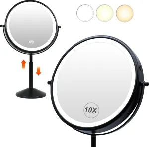9"Lighted Makeup Mirror, TUSHENGTU 10X/ 1X Black Magnifying Makeup Vanity Mirror with Lights, Height Adjustable Rechargeable Makeup Mirror with Lights LED, 360°Double Sided Mirror with 3 Color Lights