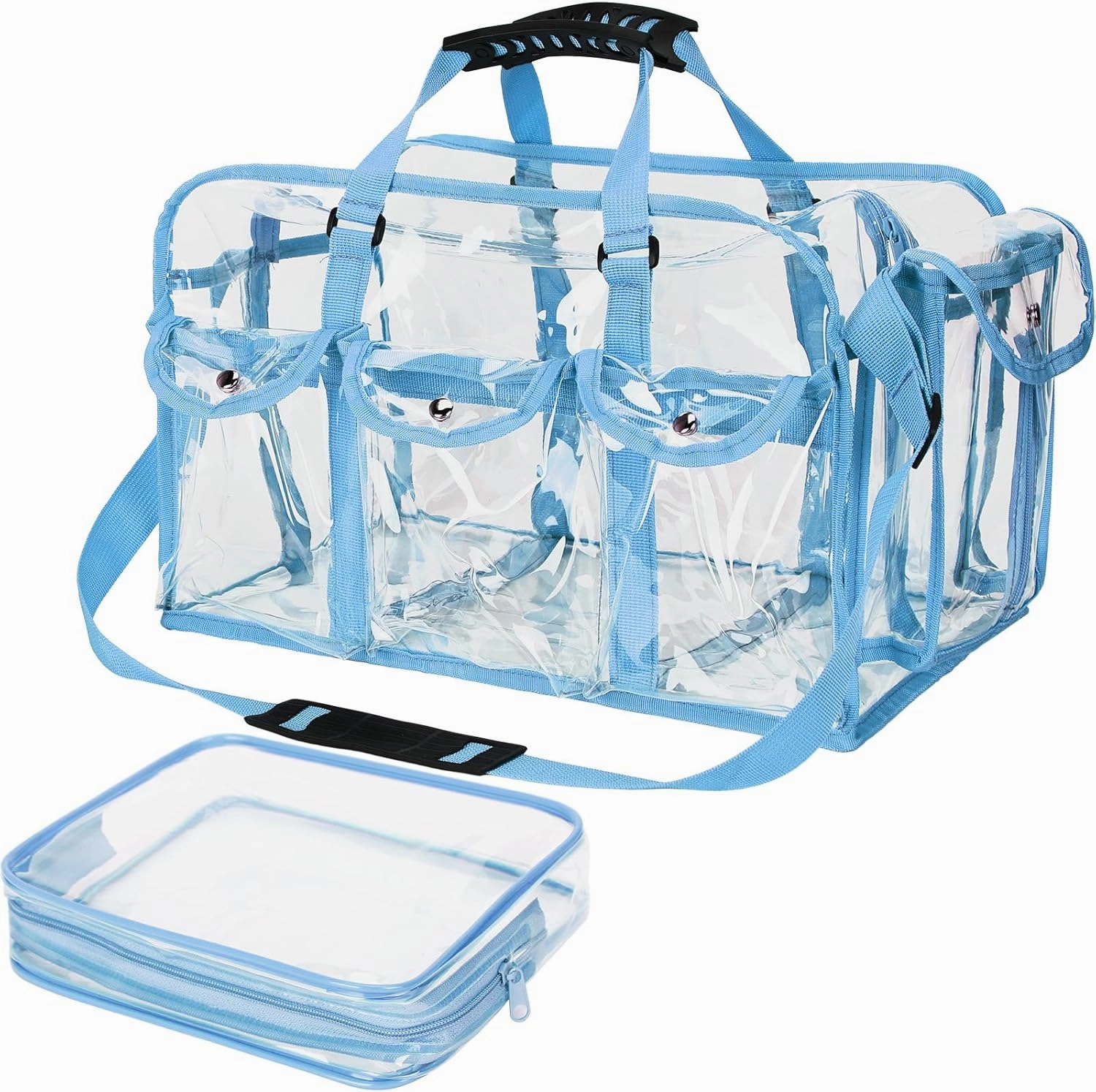 Abbylike 2 Pcs Large Professional Clear PVC Travel Makeup Bag with 4 External Pockets and Shoulder Strap Zippered Toiletry Bags for Women(Blue)