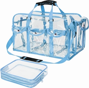 Abbylike 2 Pcs Large Professional Clear PVC Travel Makeup Bag with 4 External Pockets and Shoulder Strap Zippered Toiletry Bags for Women(Blue)