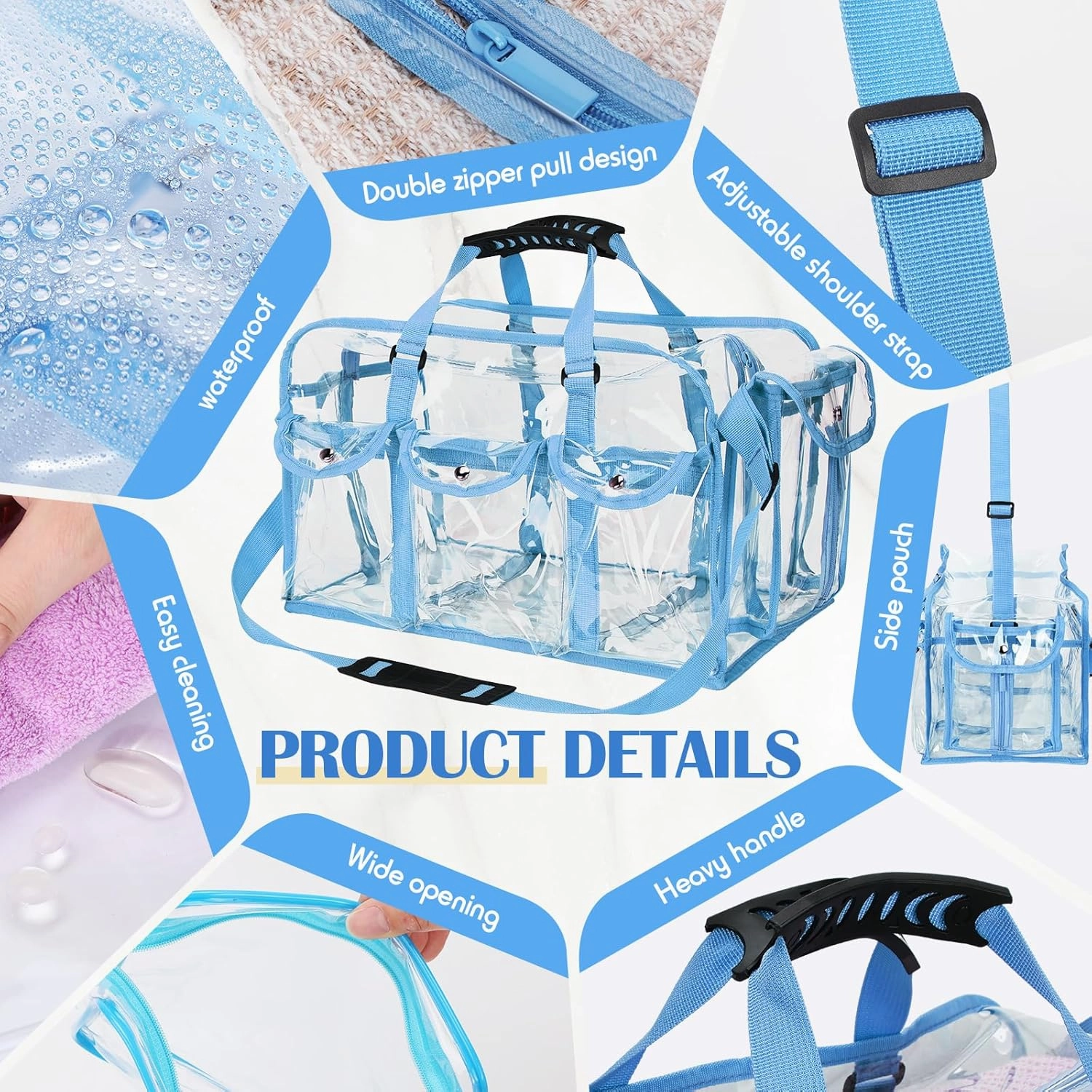 Abbylike 2 Pcs Large Professional Clear PVC Travel Makeup Bag with 4 External Pockets and Shoulder Strap Zippered Toiletry Bags for Women(Blue)