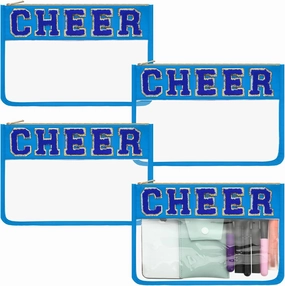 Abbylike 4 Pcs Cheer Makeup Bag Cheerleader Clear Letter Chenille Patch Bag Nylon Makeup Toiletry Pouch with Zipper for Cheerleading Team Women Gifts(Blue,Cheer)