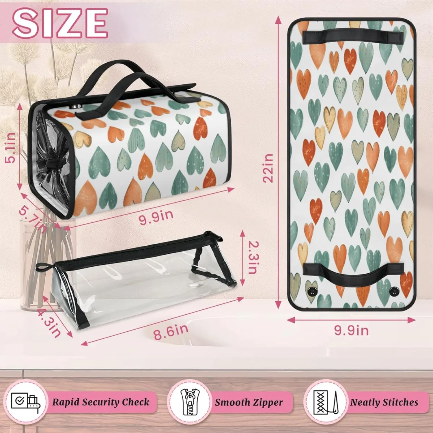 Abstract Style Toiletry Bag Water Proof Travel Makeup Case Large Capacity 4 in 1 Foldable Cosmetics Storage for Women Men Removable Zipper Clear PVC Pockets