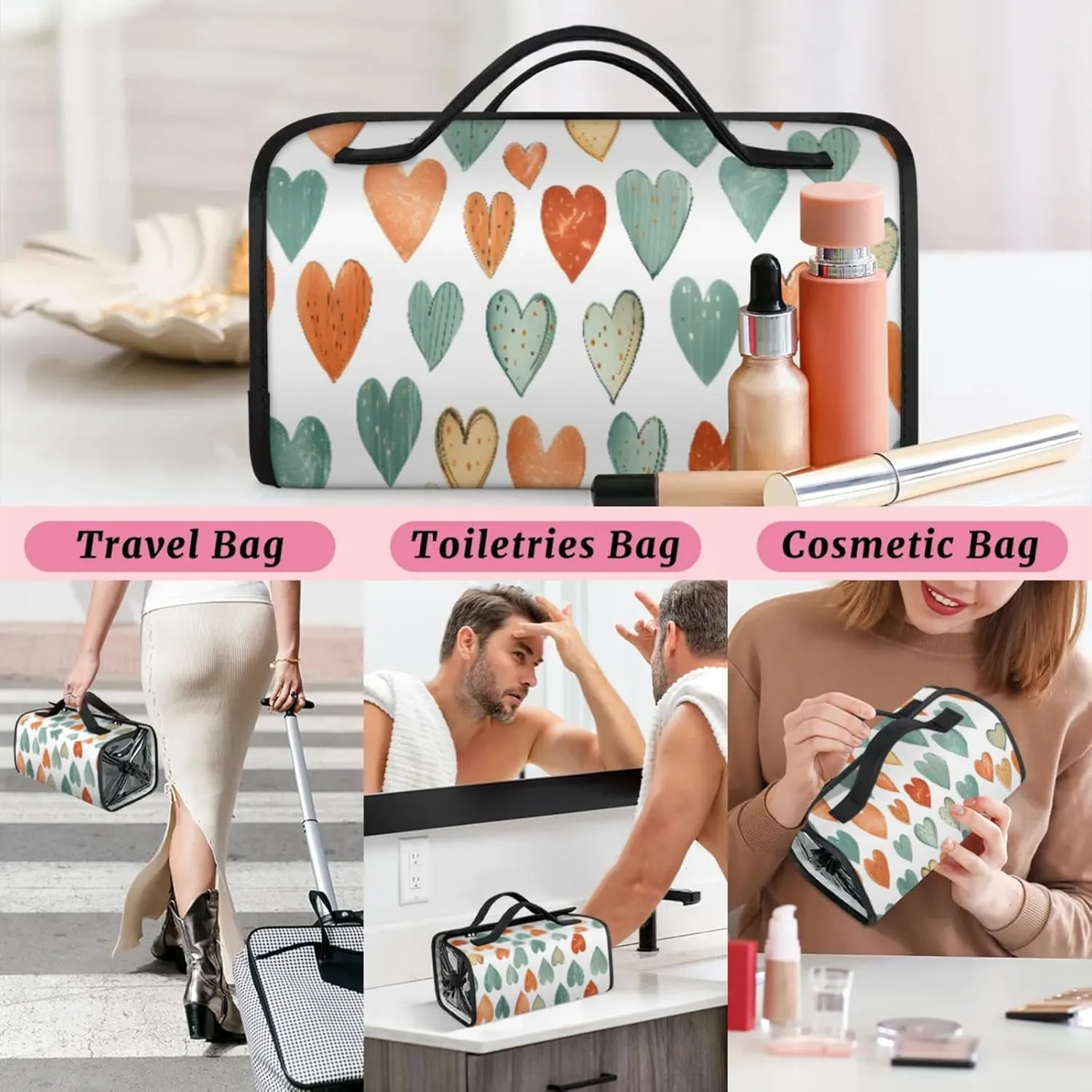 Abstract Style Toiletry Bag Water Proof Travel Makeup Case Large Capacity 4 in 1 Foldable Cosmetics Storage for Women Men Removable Zipper Clear PVC Pockets