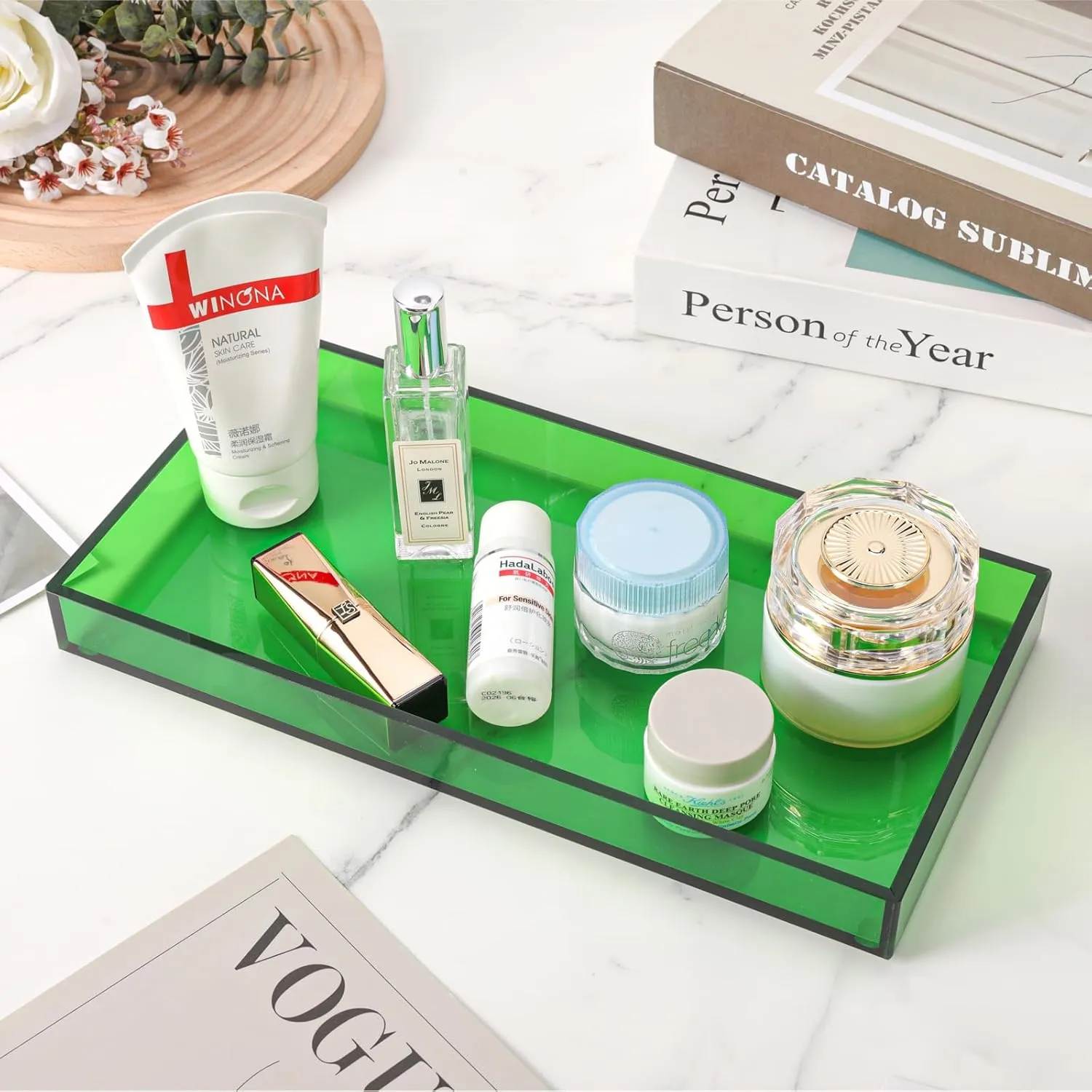 Acrylic Tray for Vanity Makeup Perfume Jewelry 12x6'' Small Decorative Tray for Bathroom Dresser Tops Candle Sink Counter, Emerald Green