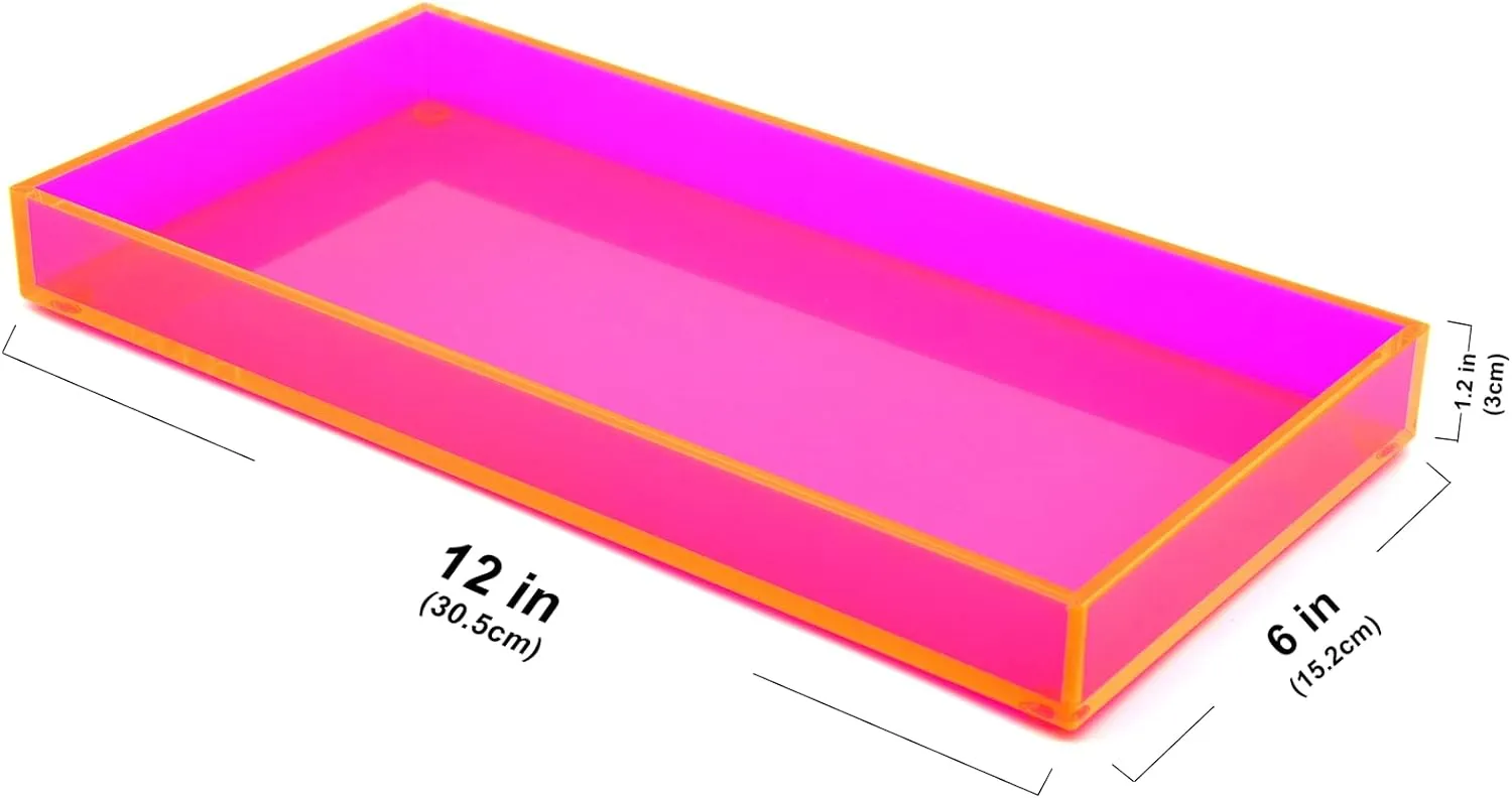 Acrylic Tray for Vanity Makeup Perfume Jewelry 12x6'' Small Decorative Tray for Bathroom Dresser Tops Candle Sink Counter, Neon Pink