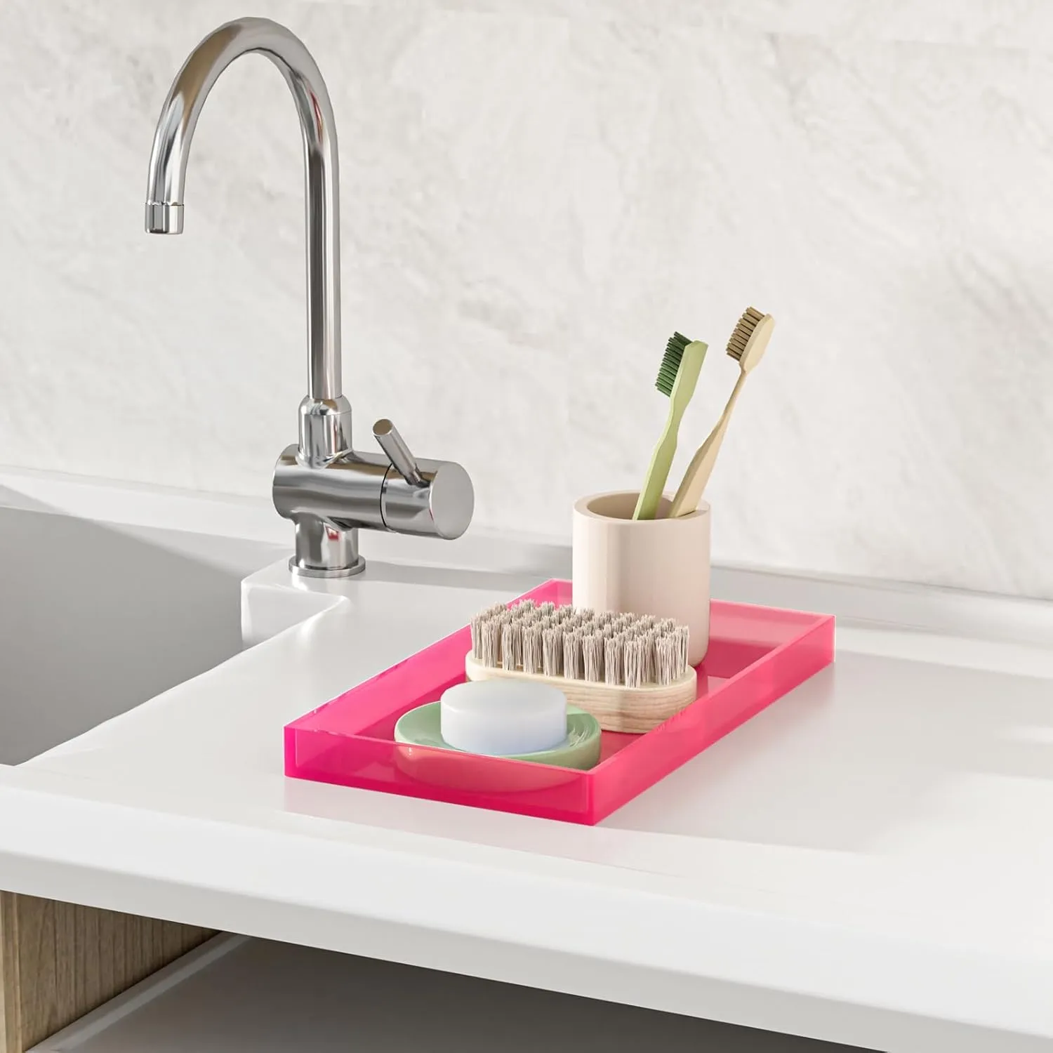 Acrylic Tray for Vanity Makeup Perfume Jewelry 12x6'' Small Decorative Tray for Bathroom Dresser Tops Candle Sink Counter, Neon Pink