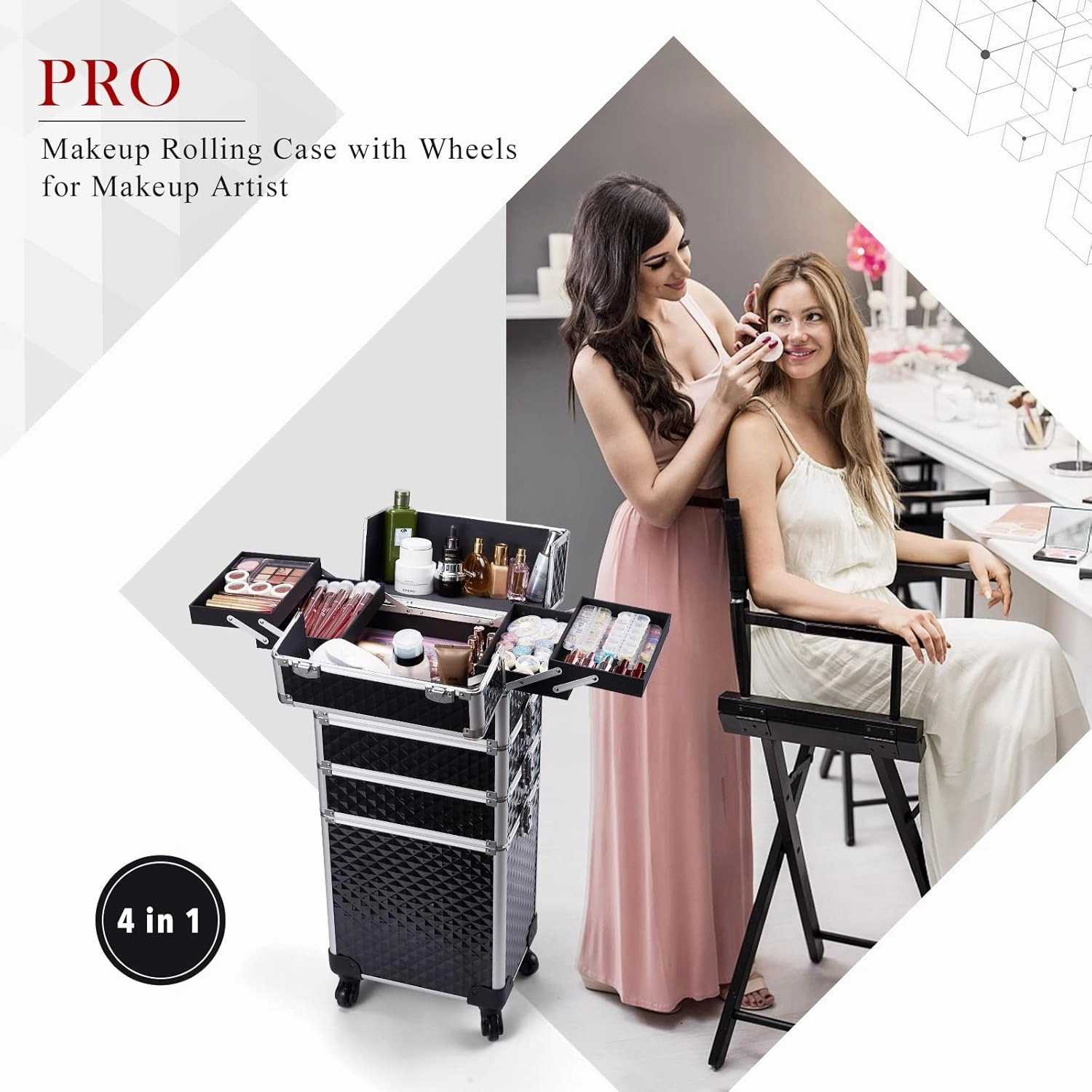 Adazzo 4 in 1 Rolling Makeup Case Cosmetic Train Case Trolley Roll Travel Box for Makeup Artist, Hairstylists, Nail Tech Makeup Cart with Key Swivel Wheels Barber Case Traveling Trunk Black