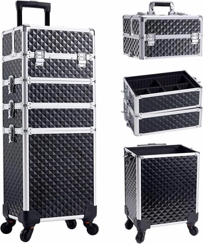 Adazzo 4 in 1 Rolling Makeup Case Cosmetic Train Case Trolley Roll Travel Box for Makeup Artist, Hairstylists, Nail Tech Makeup Cart with Key Swivel Wheels Barber Case Traveling Trunk Black