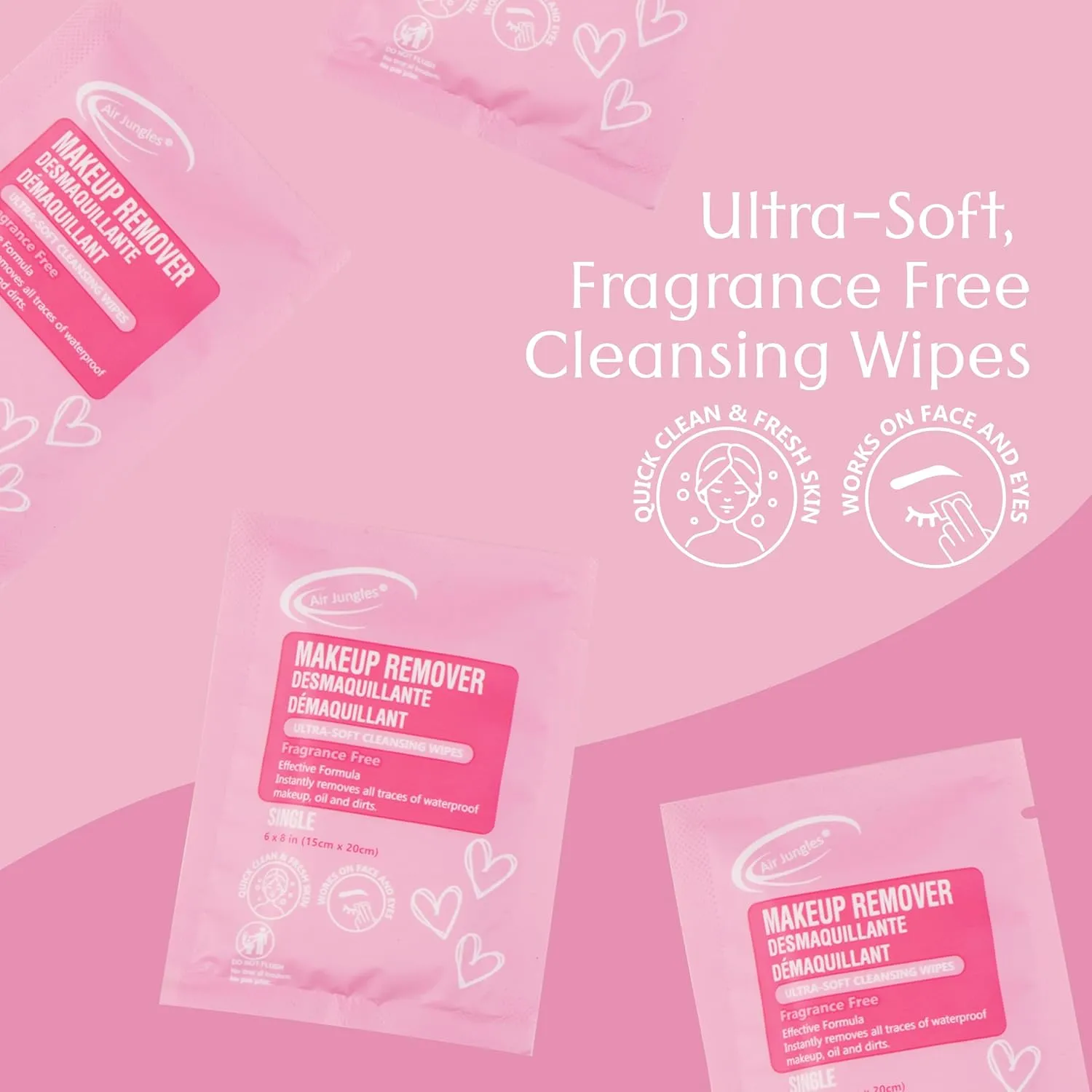 Air Jungles Makeup Remover Wipes Singles 30 Pack, 750 Wipes, Extra Large 6" x 8", Fragrance-Free, Removes Makeup and Oil, Ultra Soft Cleansing Wipes, Alcohol Free