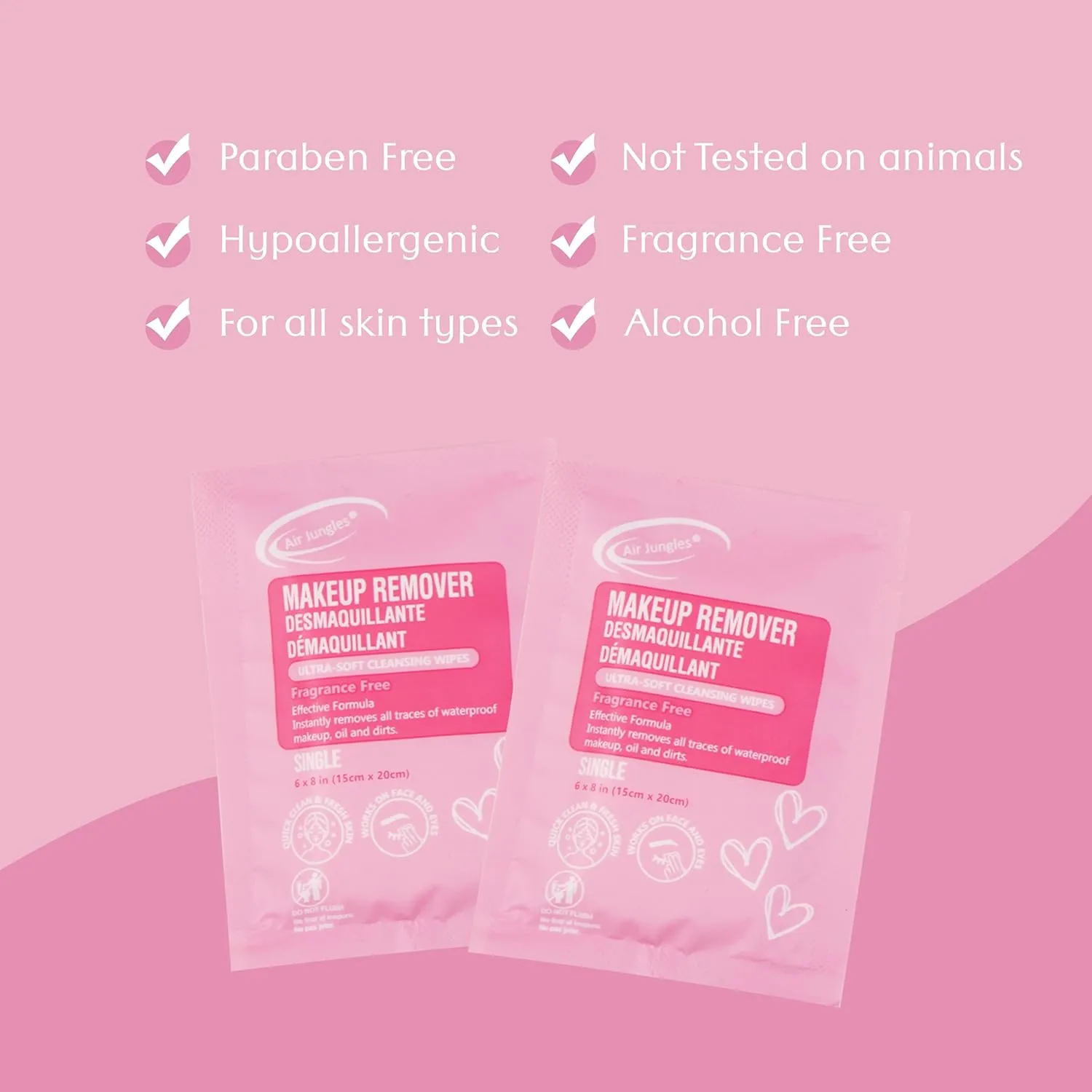 Air Jungles Makeup Remover Wipes Singles 30 Pack, 750 Wipes, Extra Large 6" x 8", Fragrance-Free, Removes Makeup and Oil, Ultra Soft Cleansing Wipes, Alcohol Free