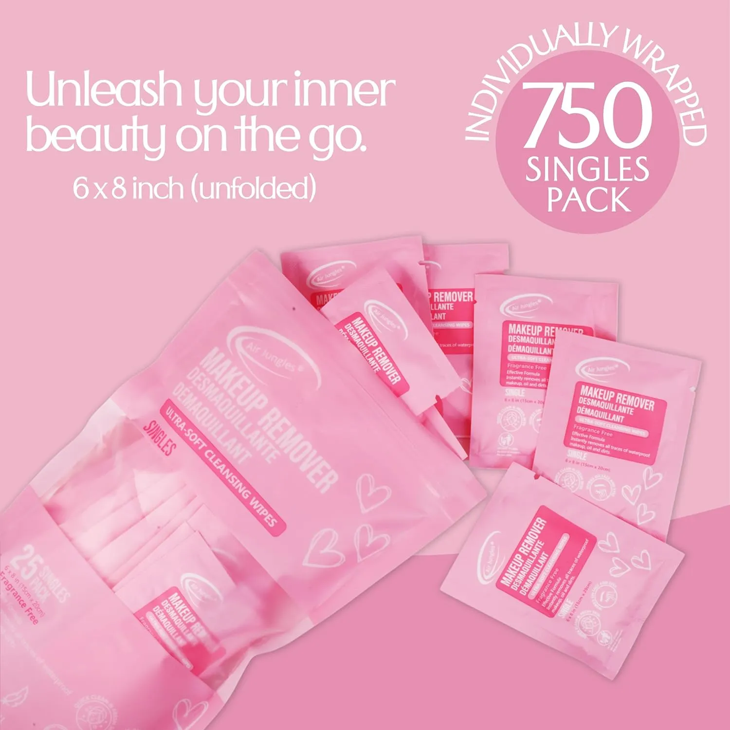 Air Jungles Makeup Remover Wipes Singles 30 Pack, 750 Wipes, Extra Large 6" x 8", Fragrance-Free, Removes Makeup and Oil, Ultra Soft Cleansing Wipes, Alcohol Free