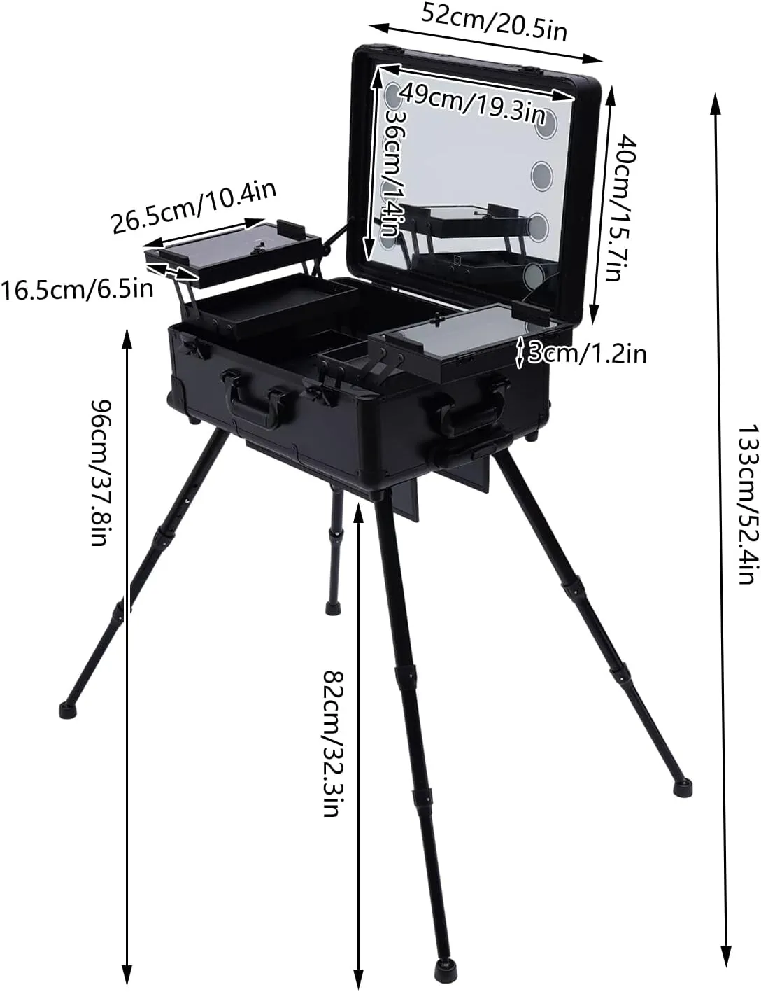 Aluminum Rolling Makeup Train Case with LED Light, Portable Makeup Organizer Professional Cosmetic Trolley Large Storage Travel Beauty Luggage with Stand Mirror 4 Removable Wheels(LED Lights Black)