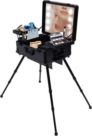 Aluminum Rolling Makeup Train Case with LED Light, Portable Makeup Organizer Professional Cosmetic Trolley Large Storage Travel Beauty Luggage with Stand Mirror 4 Removable Wheels(LED Lights Black)