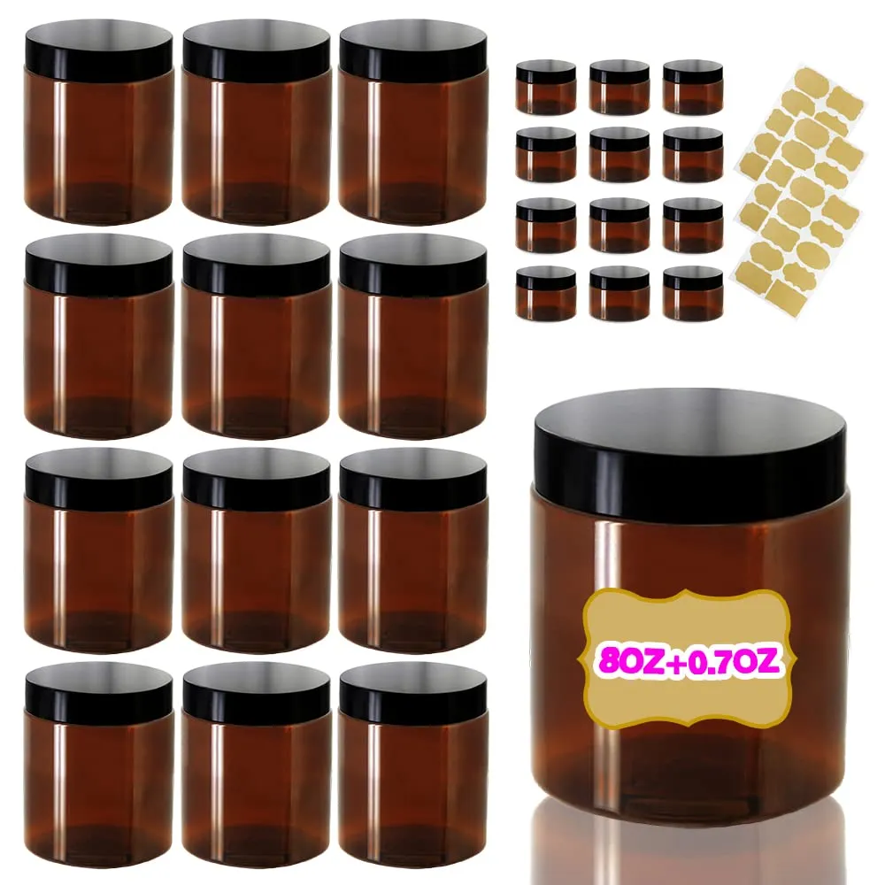 AMORIX 8oz Amber Plastic Jars with Lids 8 oz Plastic Containers with Lids   20g Sample Containers (Set of 24) Airtight Container for Lip Scrub, Body Butters, Cream, Slime, Craft Storage