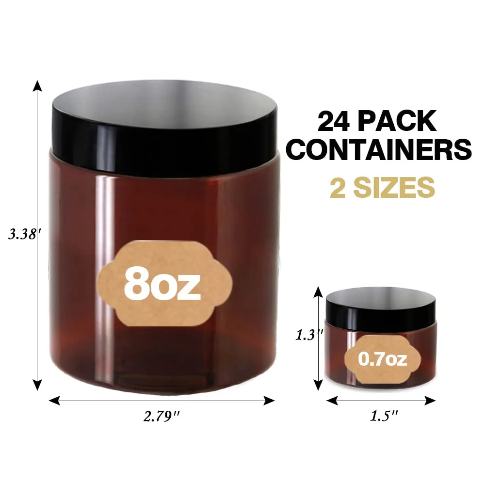 AMORIX 8oz Amber Plastic Jars with Lids 8 oz Plastic Containers with Lids   20g Sample Containers (Set of 24) Airtight Container for Lip Scrub, Body Butters, Cream, Slime, Craft Storage