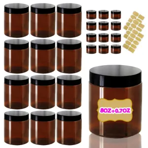 AMORIX 8oz Amber Plastic Jars with Lids 8 oz Plastic Containers with Lids   20g Sample Containers (Set of 24) Airtight Container for Lip Scrub, Body Butters, Cream, Slime, Craft Storage