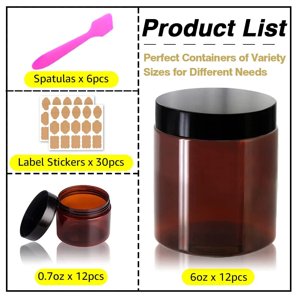 AMORIX 8oz Amber Plastic Jars with Lids 8 oz Plastic Containers with Lids   20g Sample Containers (Set of 24) Airtight Container for Lip Scrub, Body Butters, Cream, Slime, Craft Storage