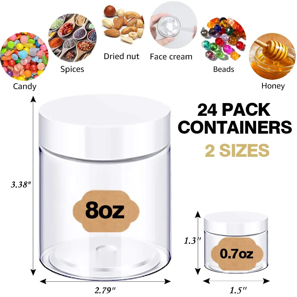 AMORIX Slime Containers with Lids - 8 oz Plastic Jars with White Lids   Sample Containers (Set of 24) Airtight Storage for Lip Scrub, Body Butters, Cream, Slime, Craft