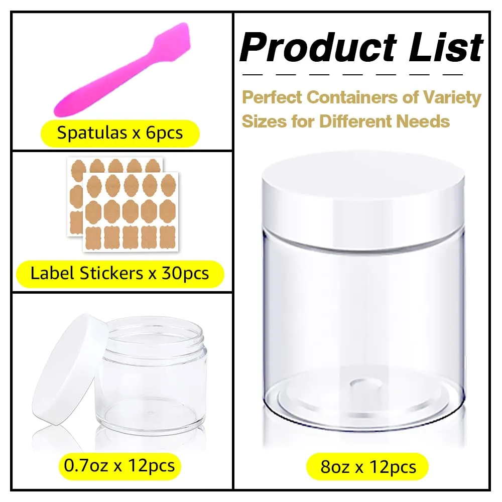AMORIX Slime Containers with Lids - 8 oz Plastic Jars with White Lids   Sample Containers (Set of 24) Airtight Storage for Lip Scrub, Body Butters, Cream, Slime, Craft