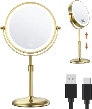 Anfauny 7" Lighted Makeup Mirror with Height Adjustable, Double Sided 1X/10X Magnification and 3 Color Lights, Vanity Rechargeable with 360° Rotation for Tabletop -Gold