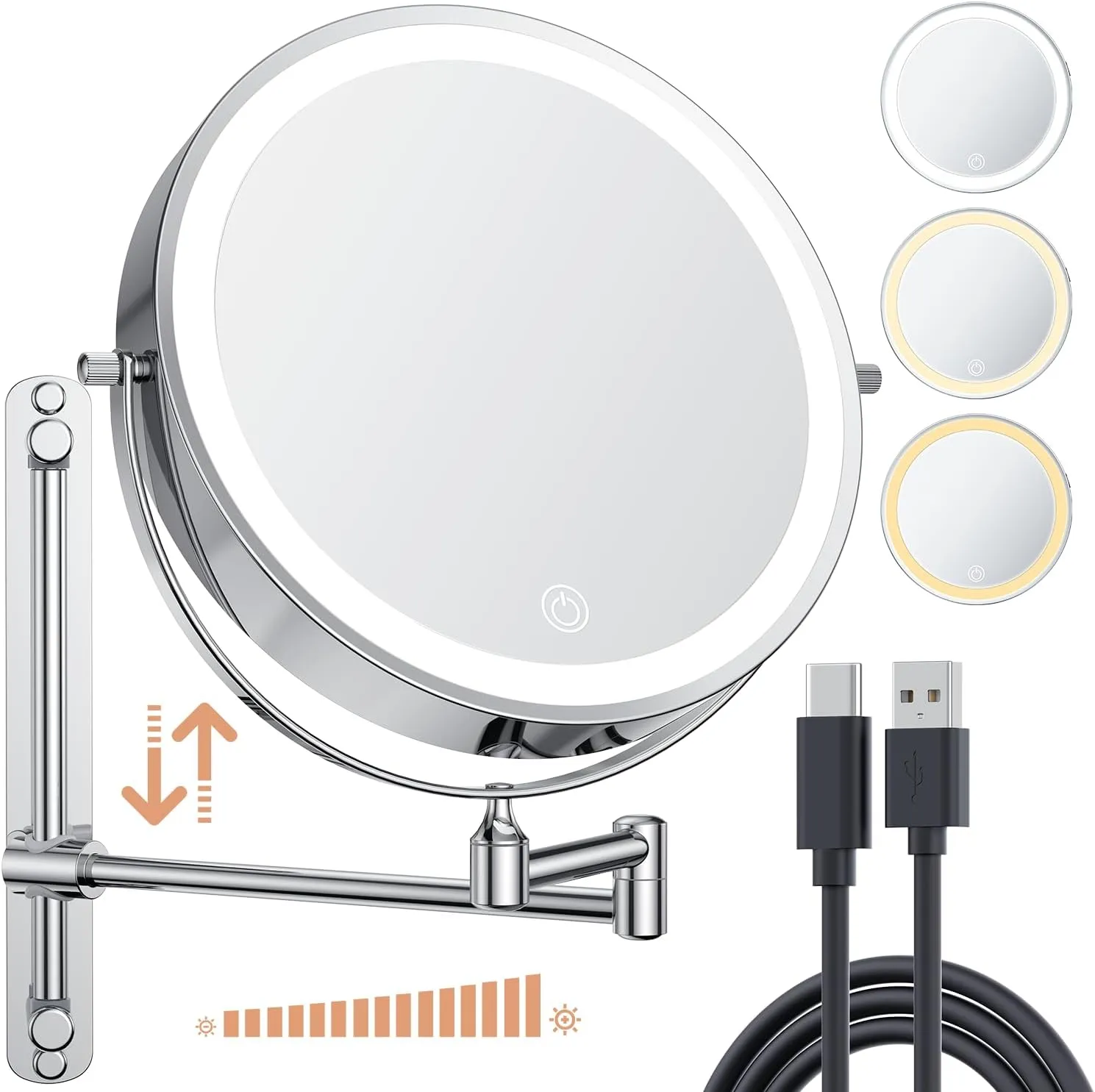 Anfauny 8.5" Rechargeable Height Adjustable Wall Mounted Makeup Mirror, 1X/10X Magnifying Lighted Vanity for Bathroom with 3 Color Dimmable Lights, 360° Swivel Extendable Arm - Chrome