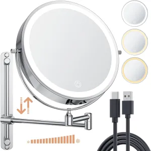 Anfauny 8.5" Rechargeable Height Adjustable Wall Mounted Makeup Mirror, 1X/10X Magnifying Lighted Vanity for Bathroom with 3 Color Dimmable Lights, 360° Swivel Extendable Arm - Chrome