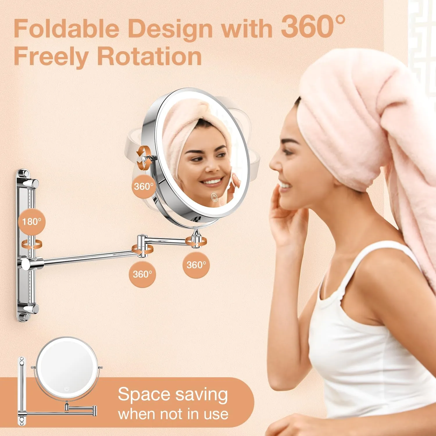 Anfauny 8.5" Rechargeable Height Adjustable Wall Mounted Makeup Mirror, 1X/10X Magnifying Lighted Vanity for Bathroom with 3 Color Dimmable Lights, 360° Swivel Extendable Arm - Chrome