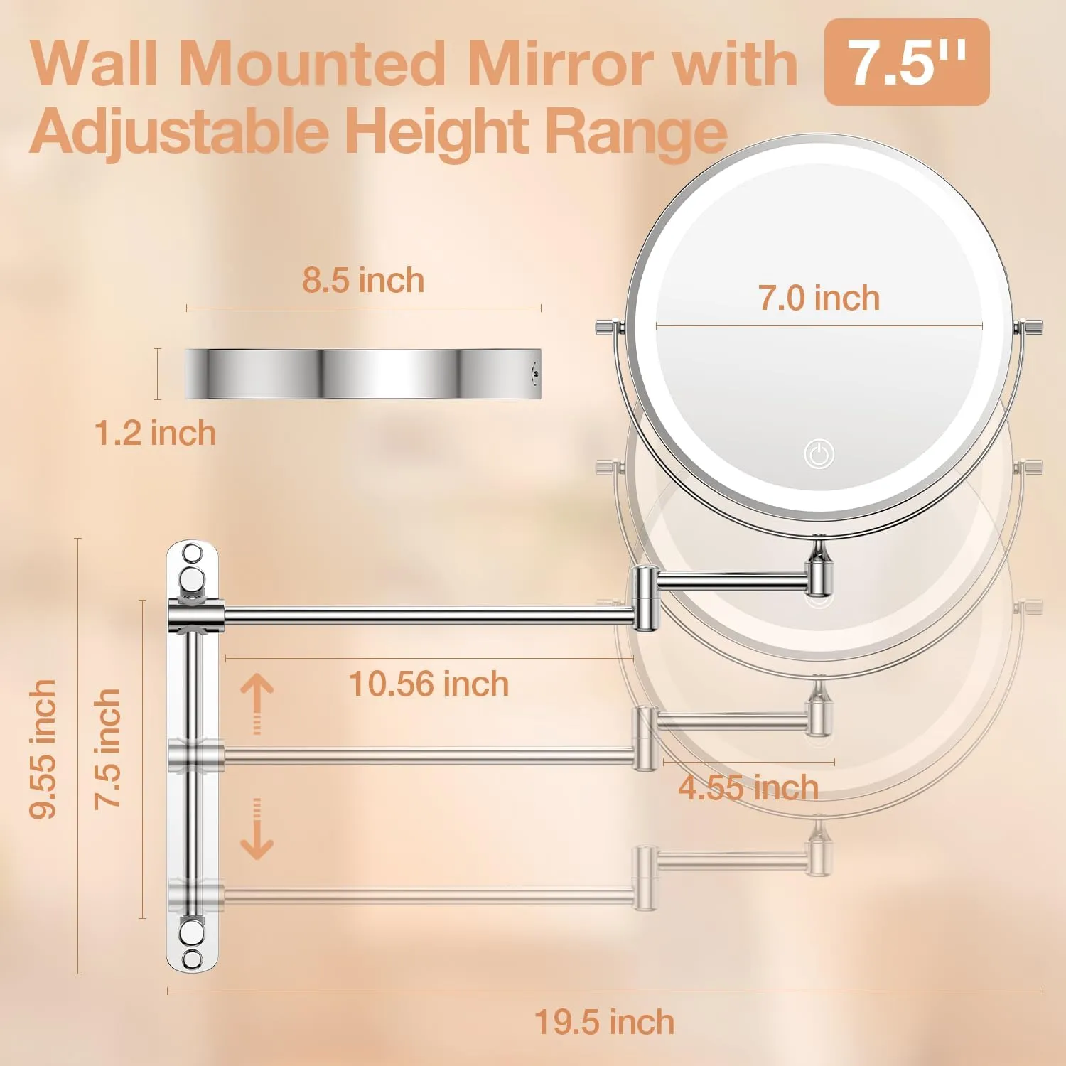 Anfauny 8.5" Rechargeable Height Adjustable Wall Mounted Makeup Mirror, 1X/10X Magnifying Lighted Vanity for Bathroom with 3 Color Dimmable Lights, 360° Swivel Extendable Arm - Chrome
