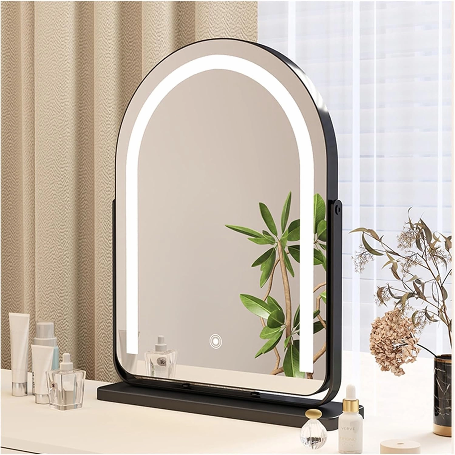 Arched Lighted Makeup Mirror with 3 Modes Lights, Smart Touch Control, 360° Rotation, Light Up Mirror for Vanity Desk Tabletop, Bedroom(Black,30x40cm/11.8x15.7in)