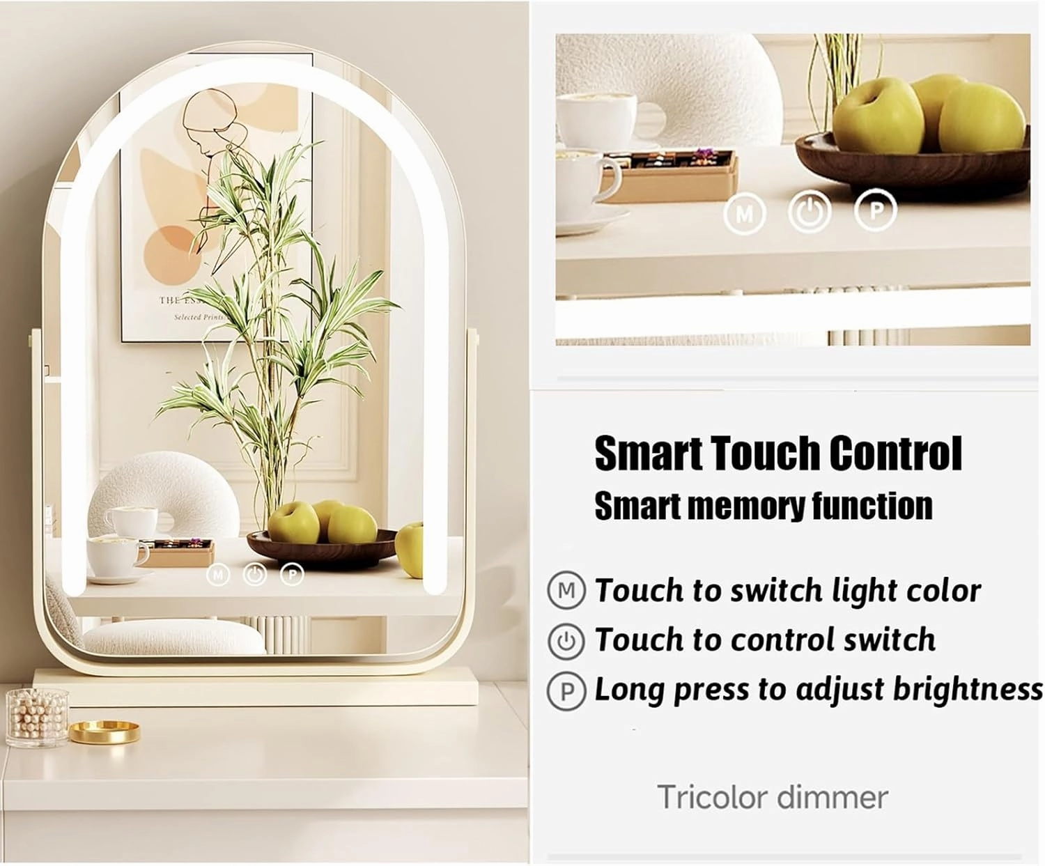 Arched Lighted Makeup Mirror with 3 Modes Lights, Smart Touch Control, 360° Rotation, Light Up Mirror for Vanity Desk Tabletop, Bedroom(Black,30x40cm/11.8x15.7in)