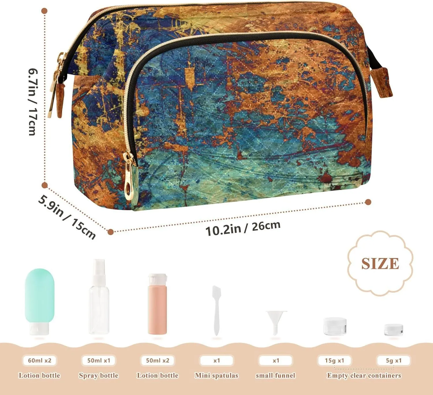 Art Abstract Grunge Graphic Background Dark Orange Black Pattern Women Cosmetic Bag Makeup Bag Stylish Trip Beauty Bag Travel Toiletry Bag with Bottle Organizer 10.2 x 5.9 x 6.7 inch