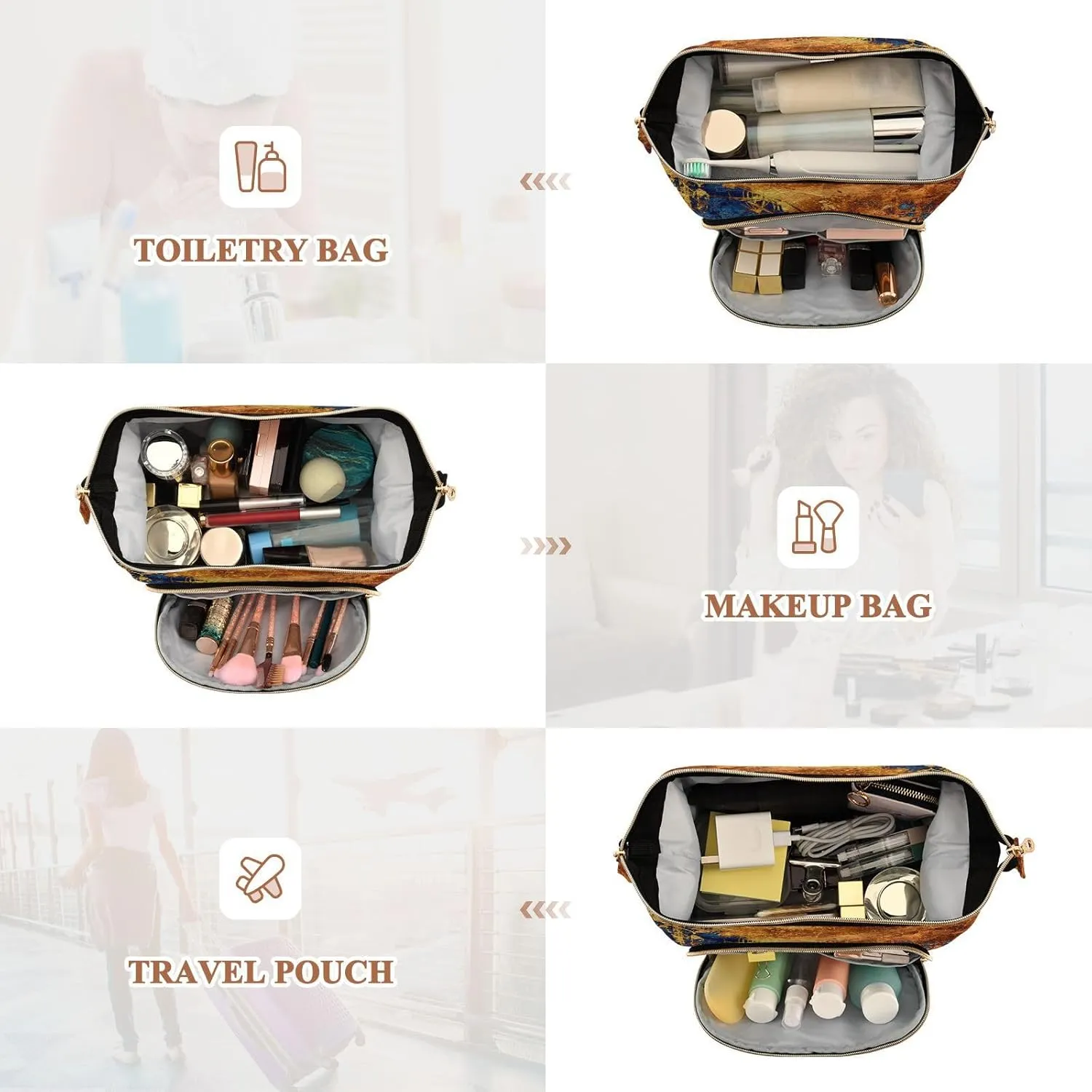 Art Abstract Grunge Graphic Background Dark Orange Black Pattern Women Cosmetic Bag Makeup Bag Stylish Trip Beauty Bag Travel Toiletry Bag with Bottle Organizer 10.2 x 5.9 x 6.7 inch