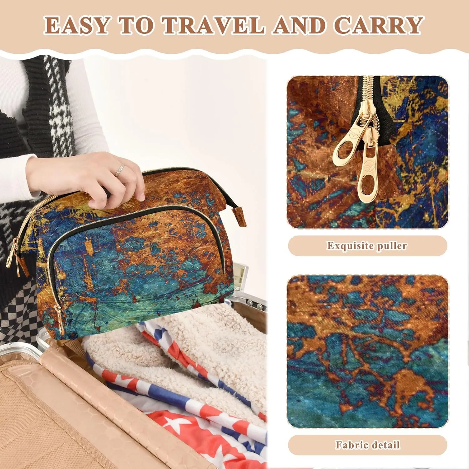 Art Abstract Grunge Graphic Background Dark Orange Black Pattern Women Cosmetic Bag Makeup Bag Stylish Trip Beauty Bag Travel Toiletry Bag with Bottle Organizer 10.2 x 5.9 x 6.7 inch