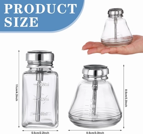 Asany 4 Pcs Clear Glass Bottle with Metal Flip Cover - 6 Oz/ 180 ml Push Down Pump Dispenser for Nail Polish and Makeup Remover