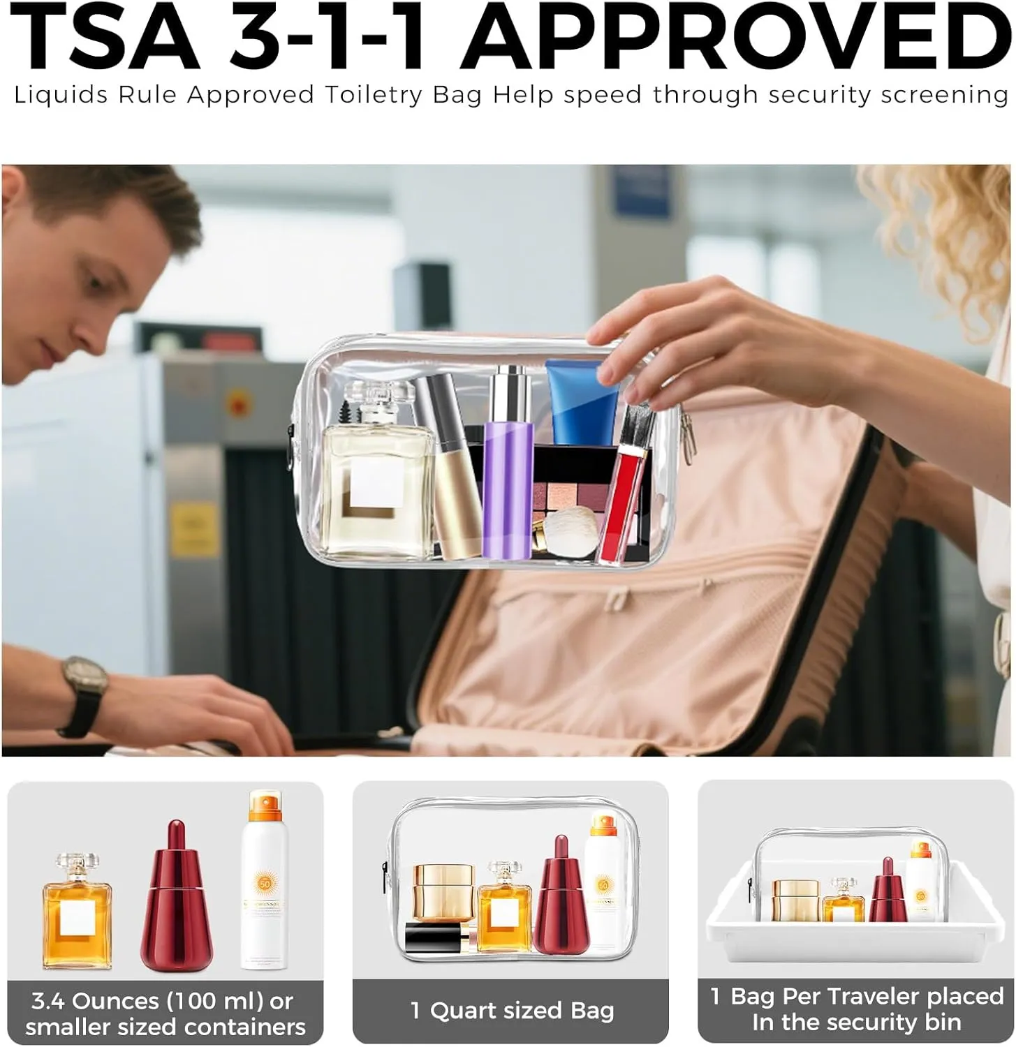 AURUZA Clear Makeup Bag, 12PCS TSA Approved Cosmetic Travel Toiletry Organizer, Quart Size Carry On Compliant, Water Resistant Airport Airline Essentials