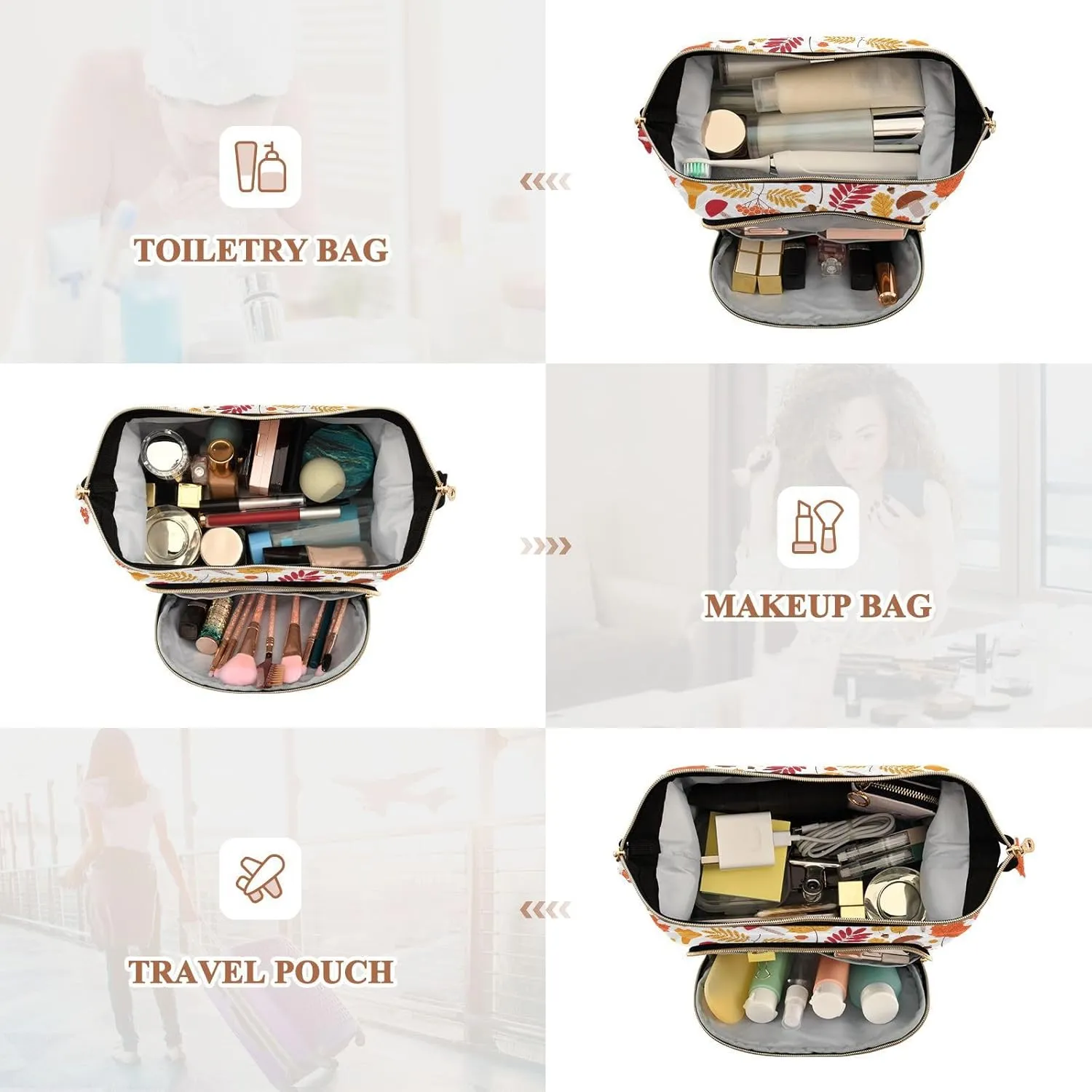 Autumn Pattern with Leaves Oaks Rowan Berries Women Cosmetic Bag Makeup Bag Stylish Trip Beauty Bag Travel Toiletry Bag with Bottle Organizer 10.2 x 5.9 x 6.7 inch